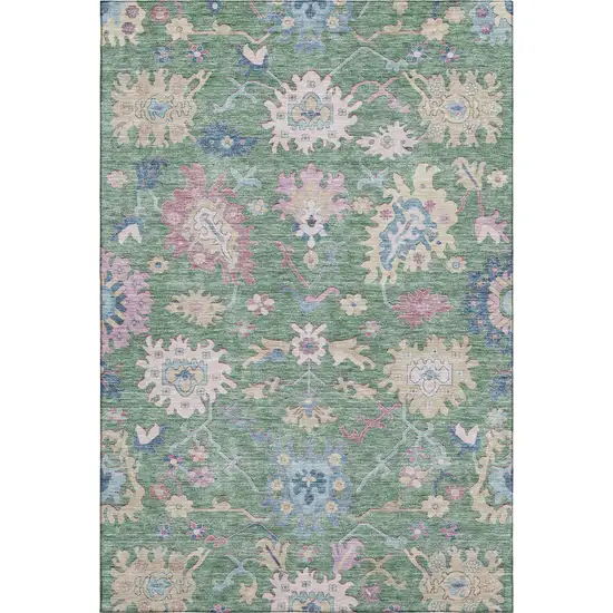 Sage Beige And Blue Floral Washable Area Rug With UV Protection Photo 6