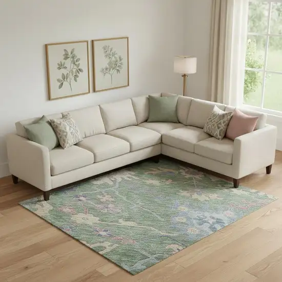 Sage Beige And Blue Floral Washable Area Rug With UV Protection Photo 2