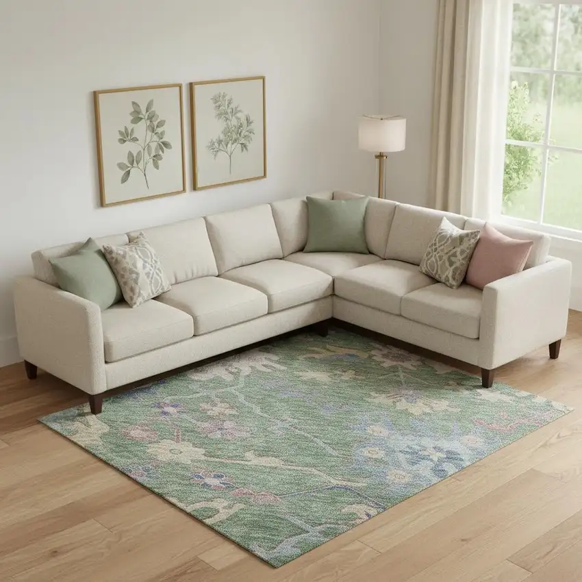 Sage Beige And Blue Floral Washable Area Rug With UV Protection Photo 2