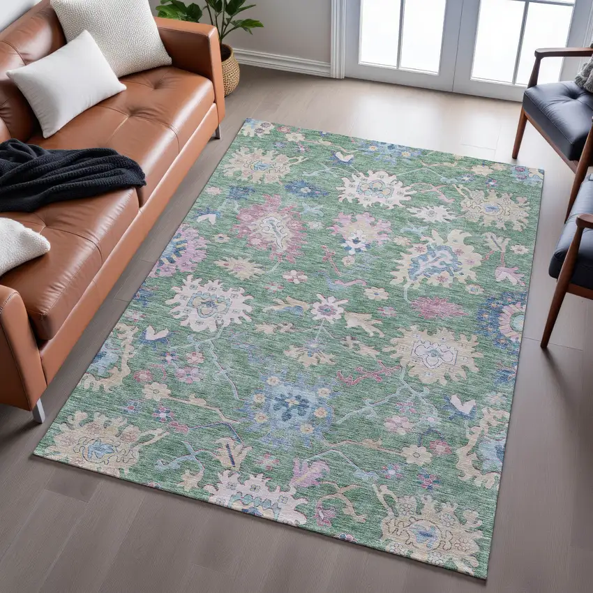 Sage Beige And Blue Floral Washable Area Rug With UV Protection Photo 5
