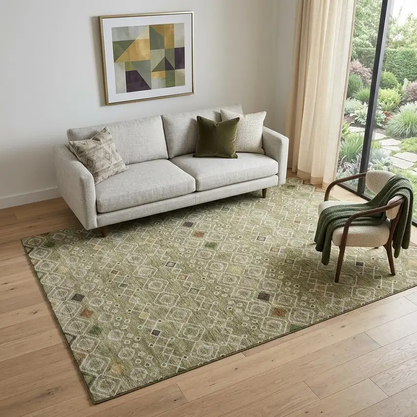 Sage Beige And Gold Southwestern Washable Area Rug With UV Protection Photo 1