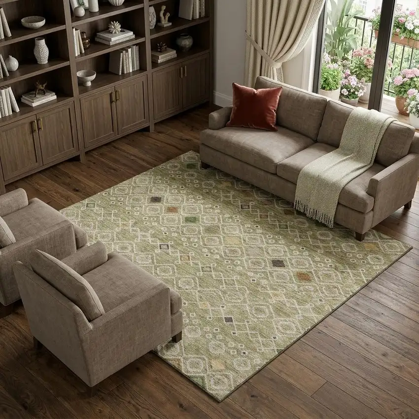 Sage Beige And Gold Southwestern Washable Area Rug With UV Protection Photo 1