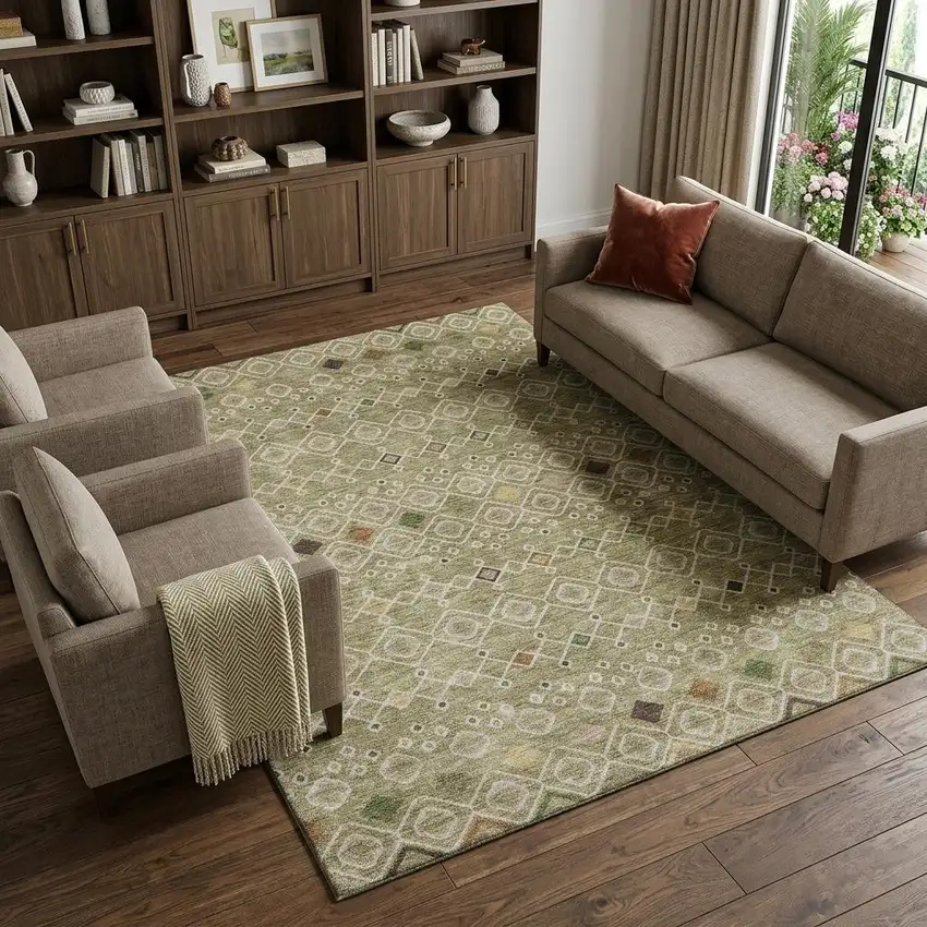 Sage Beige And Gold Southwestern Washable Area Rug With UV Protection Photo 1