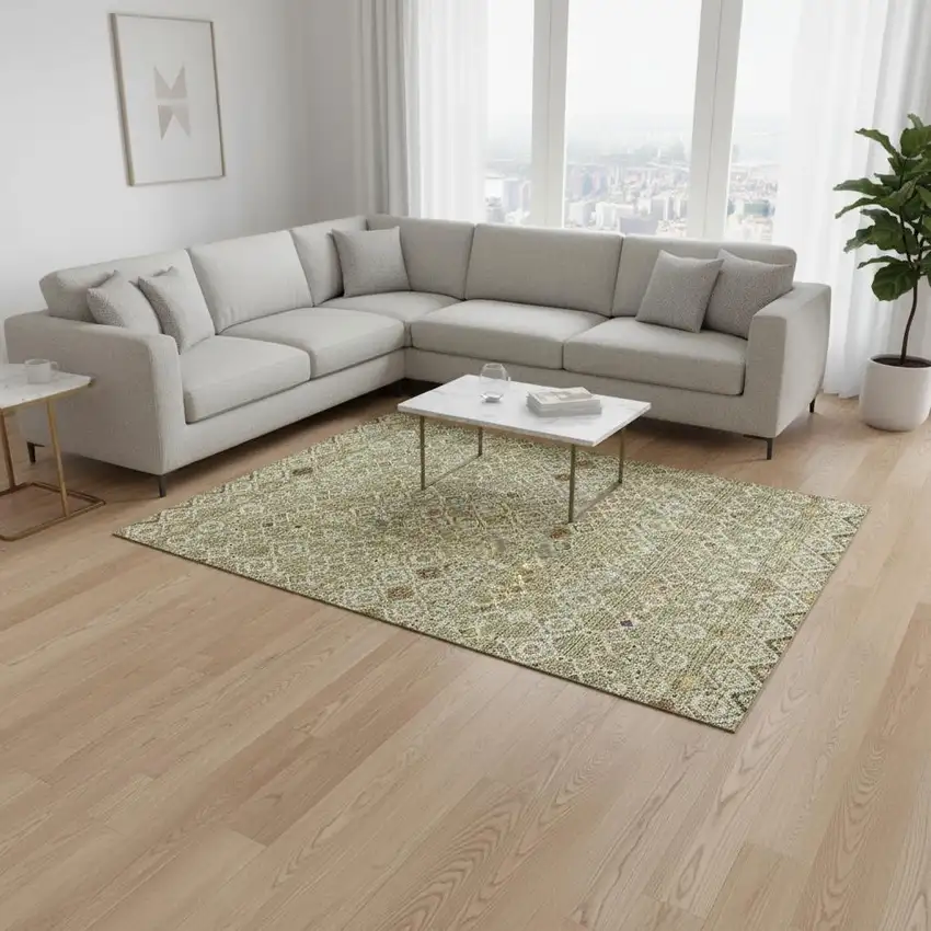 Sage Beige And Gold Southwestern Washable Area Rug With UV Protection Photo 2