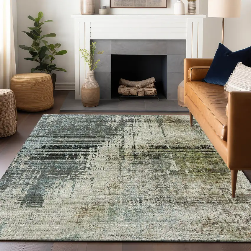 Sage Beige And Gray Abstract Washable Area Rug With UV Protection Photo 5