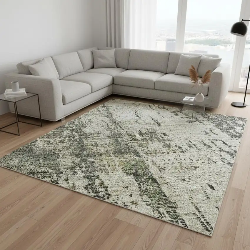 Sage Beige And Gray Abstract Washable Area Rug With UV Protection Photo 2