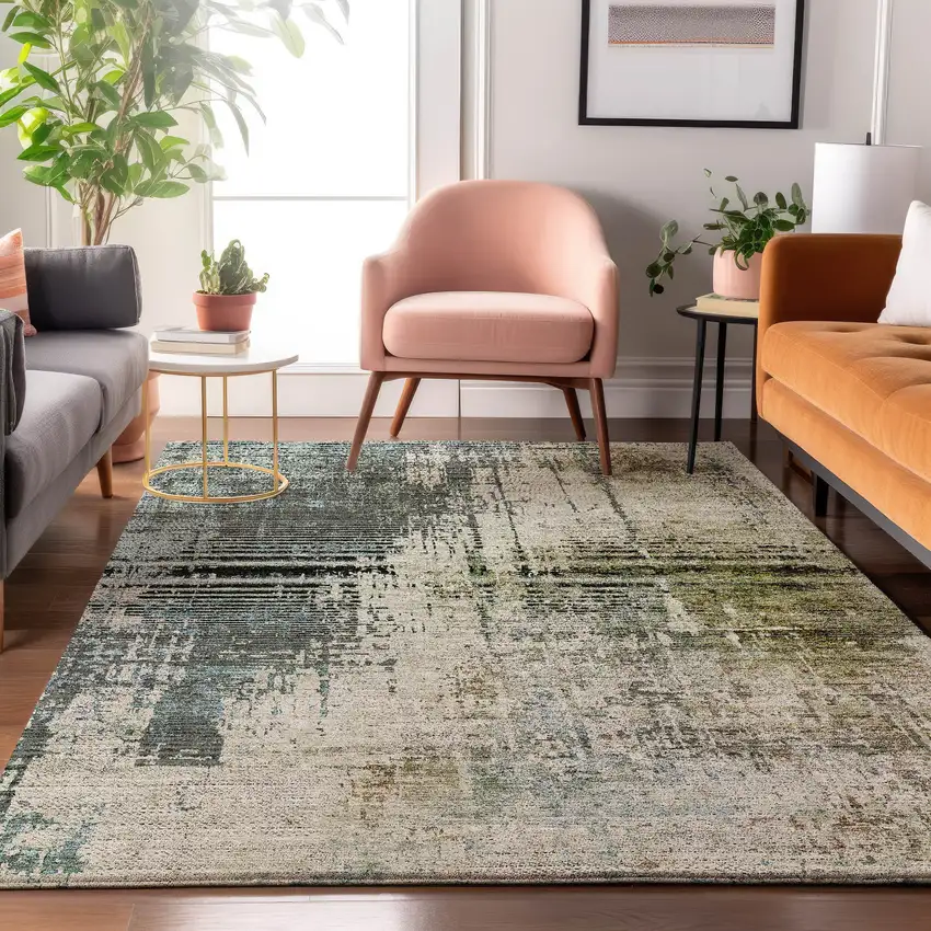 Sage Beige And Gray Abstract Washable Area Rug With UV Protection Photo 5