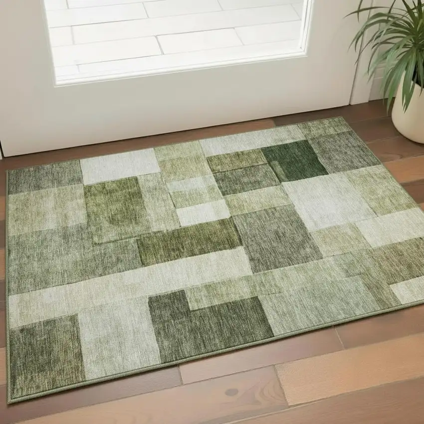 Sage Beige And Gray Geometric Washable Area Rug With UV Protection Photo 2