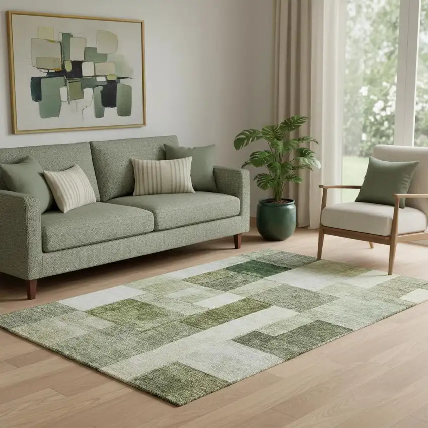 Sage Beige And Gray Geometric Washable Area Rug With UV Protection Photo 2