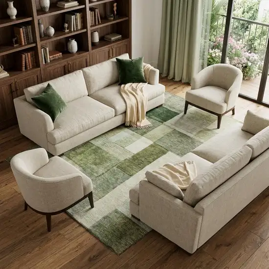 Sage Beige And Gray Geometric Washable Area Rug With UV Protection Photo 1