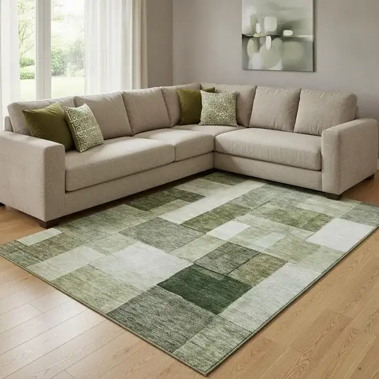 Sage Beige And Gray Geometric Washable Area Rug With UV Protection Photo 2