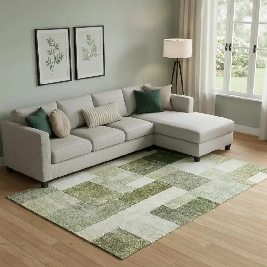 Sage Beige And Gray Geometric Washable Area Rug With UV Protection Photo 2