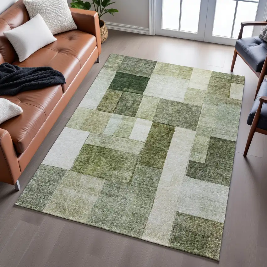 Sage Beige And Gray Geometric Washable Area Rug With UV Protection Photo 5