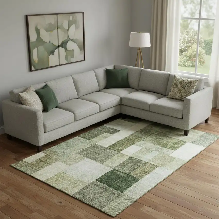 Sage Beige And Gray Geometric Washable Area Rug With UV Protection Photo 2