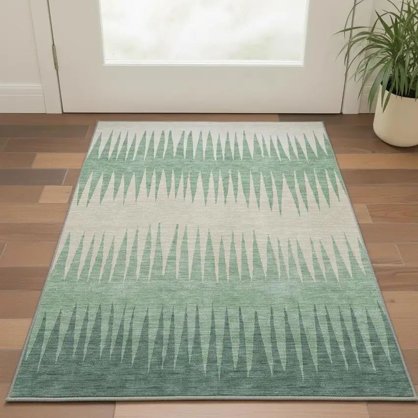 Sage Beige And Silver Striped Washable Area Rug With UV Protection Photo 2