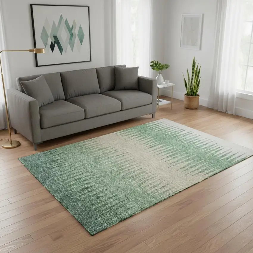 Sage Beige And Silver Striped Washable Area Rug With UV Protection Photo 2