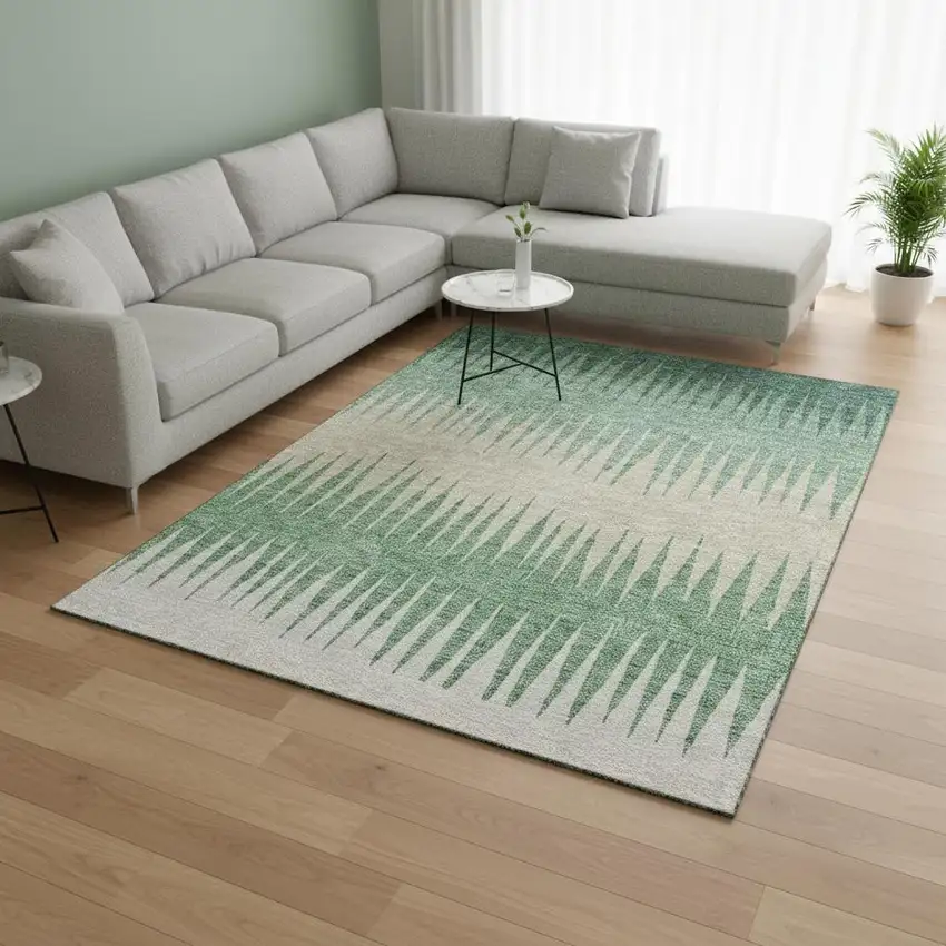 Sage Beige And Silver Striped Washable Area Rug With UV Protection Photo 2