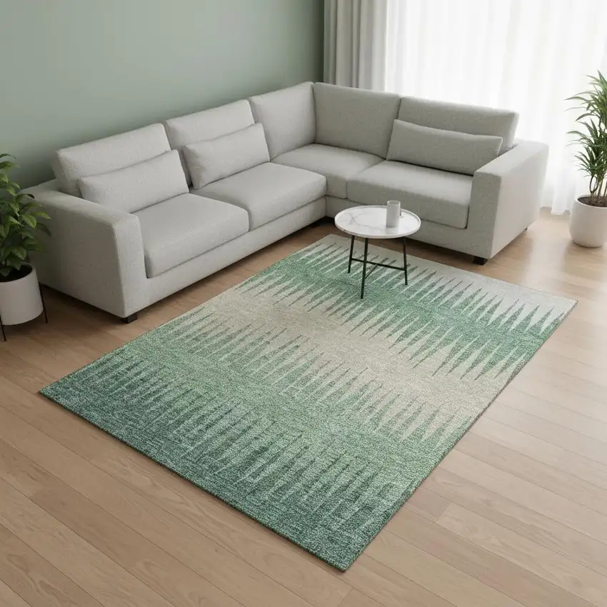 Sage Beige And Silver Striped Washable Area Rug With UV Protection Photo 2