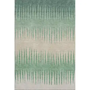 Photo of Sage Beige And Silver Striped Washable Area Rug With UV Protection