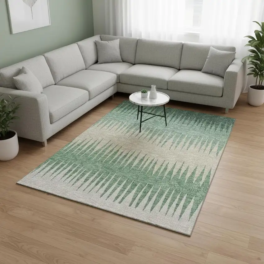 Sage Beige And Silver Striped Washable Area Rug With UV Protection Photo 2