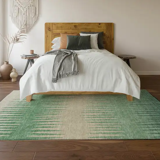 Sage Beige And Silver Striped Washable Area Rug With UV Protection Photo 6