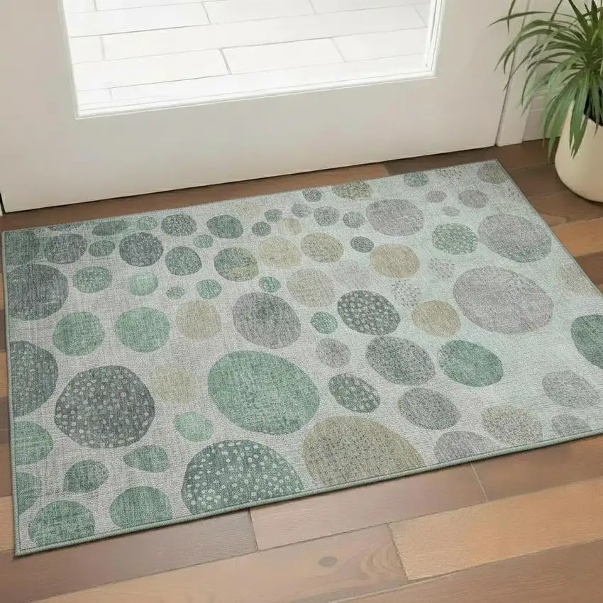 Sage Beige And Tan Geometric Washable Area Rug With UV Protection Photo 2