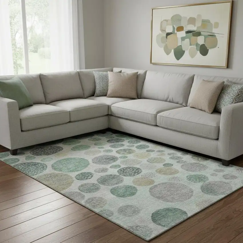 Sage Beige And Tan Geometric Washable Area Rug With UV Protection Photo 2