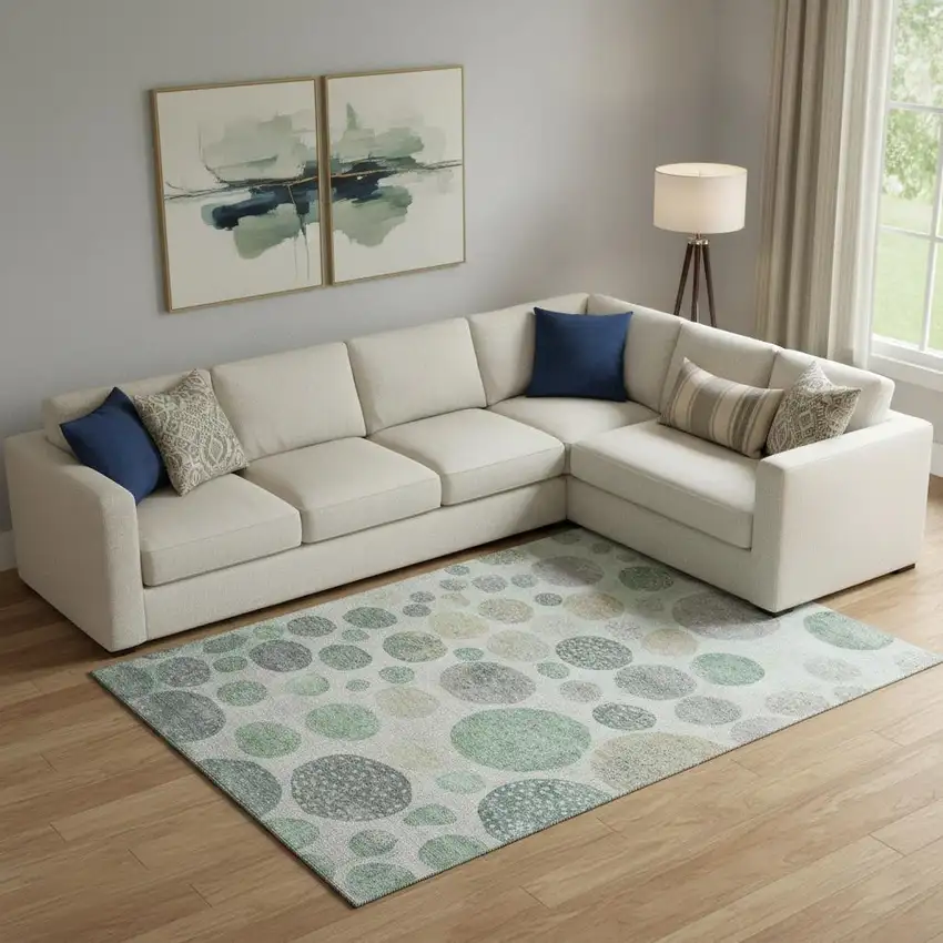 Sage Beige And Tan Geometric Washable Area Rug With UV Protection Photo 2