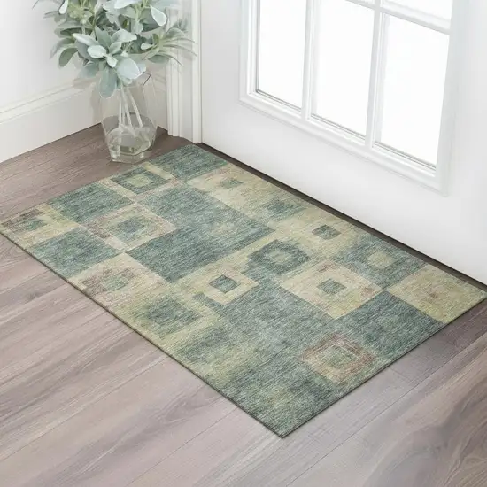Sage Beige And Taupe Geometric Washable Area Rug With UV Protection Photo 2