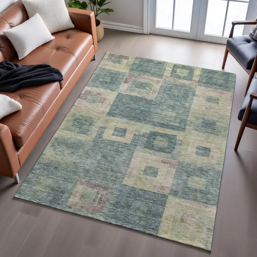Sage Beige And Taupe Geometric Washable Area Rug With UV Protection Photo 4