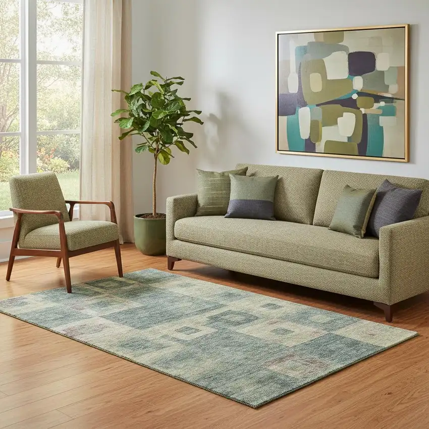 Sage Beige And Taupe Geometric Washable Area Rug With UV Protection Photo 2