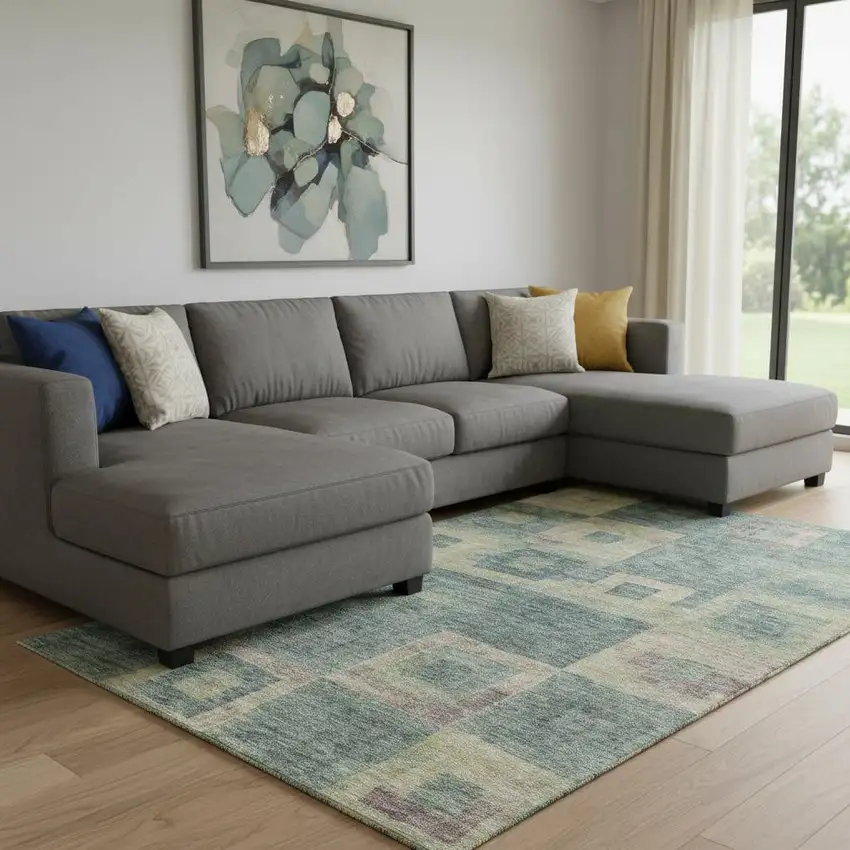 Sage Beige And Taupe Geometric Washable Area Rug With UV Protection Photo 2