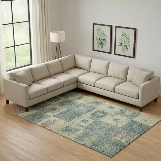 Sage Beige And Taupe Geometric Washable Area Rug With UV Protection Photo 2