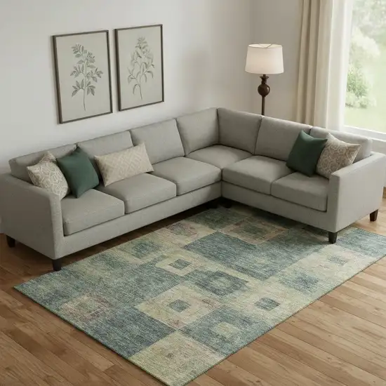 Sage Beige And Taupe Geometric Washable Area Rug With UV Protection Photo 2