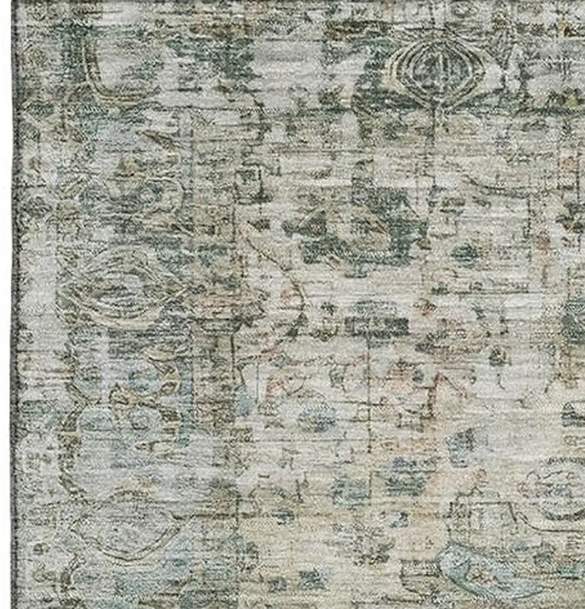 Sage Beige And Teal Oriental Washable Area Rug With UV Protection Photo 2