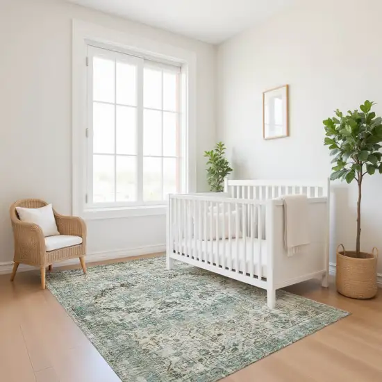 Sage Beige And Teal Oriental Washable Area Rug With UV Protection Photo 5