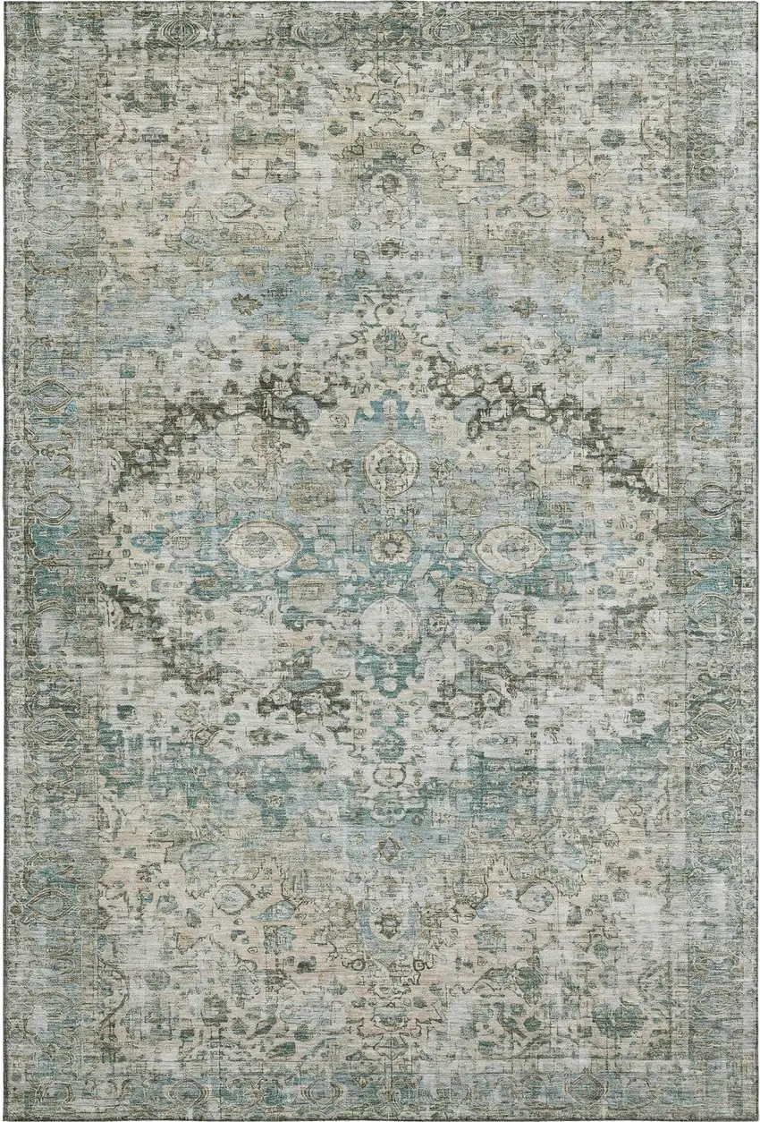 Sage Beige And Teal Oriental Washable Area Rug With UV Protection Photo 1