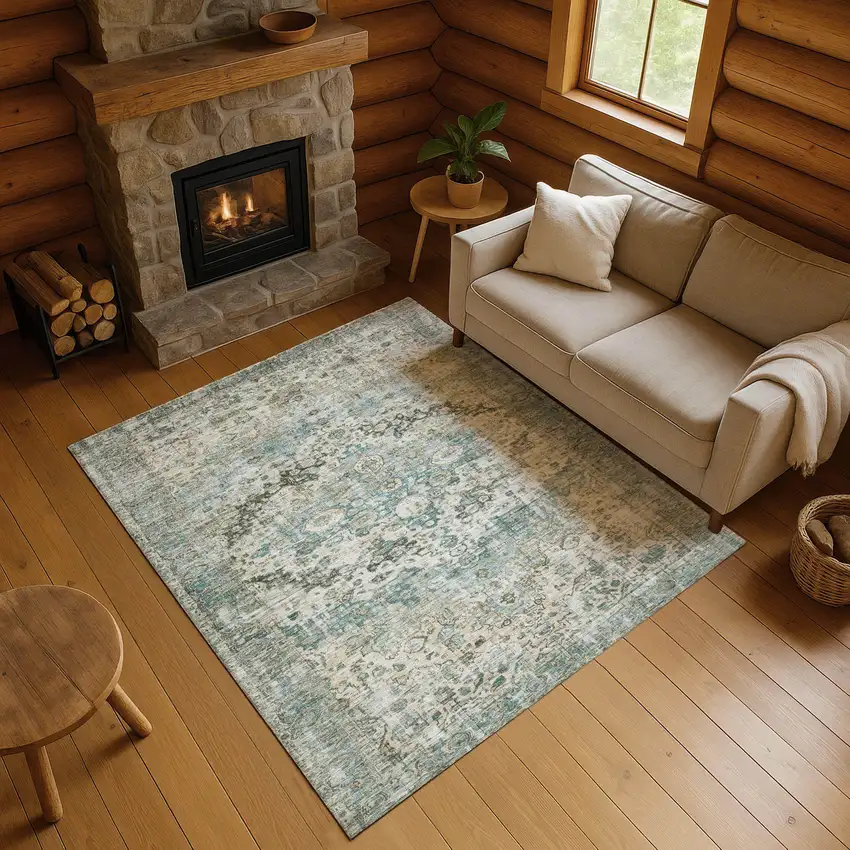Sage Beige And Teal Oriental Washable Area Rug With UV Protection Photo 4