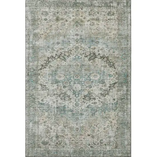 Sage Beige And Teal Oriental Washable Area Rug With UV Protection Photo 3