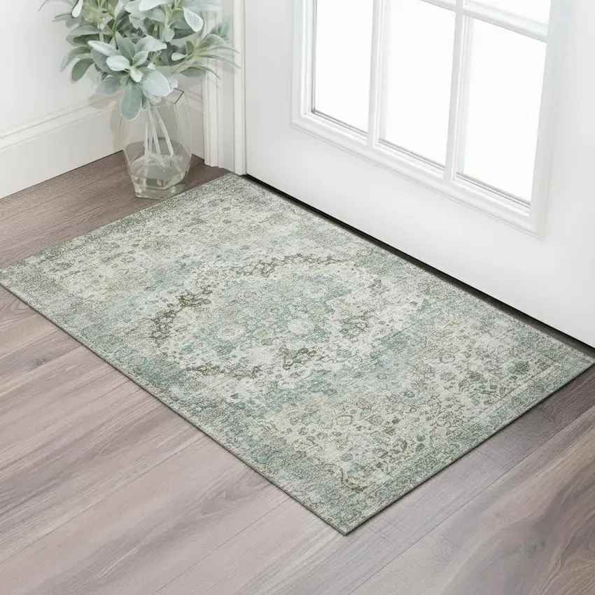 Sage Beige And Teal Oriental Washable Area Rug With UV Protection Photo 2