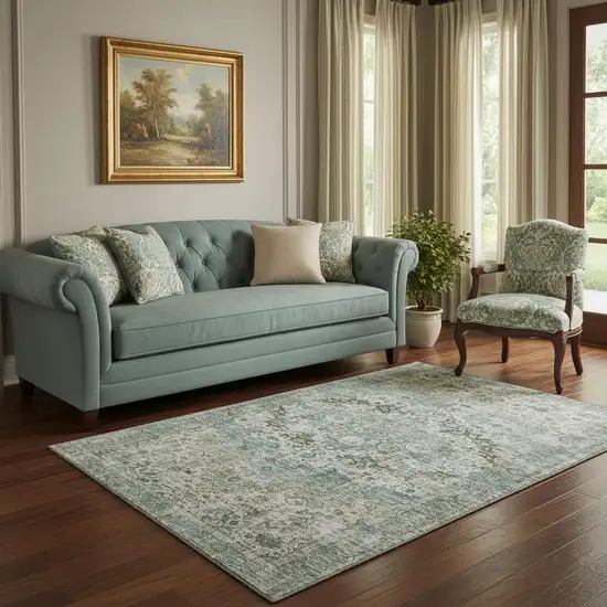 Sage Beige And Teal Oriental Washable Area Rug With UV Protection Photo 2