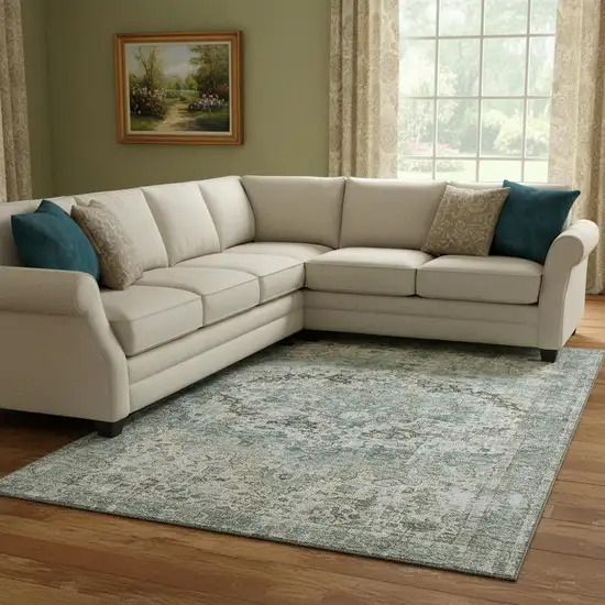 Sage Beige And Teal Oriental Washable Area Rug With UV Protection Photo 2