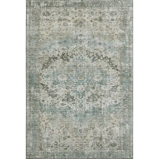 Sage Beige And Teal Oriental Washable Area Rug With UV Protection Photo 1
