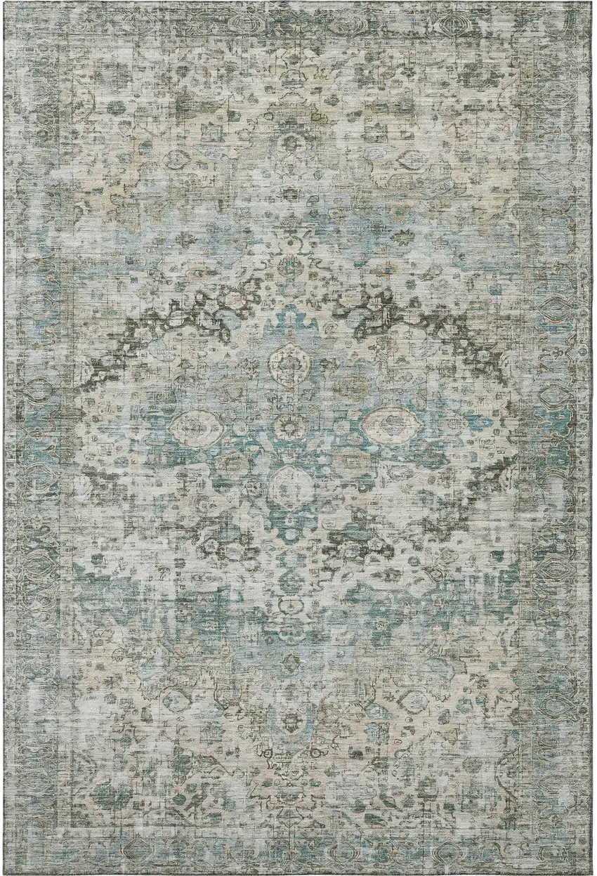 Sage Beige And Teal Oriental Washable Area Rug With UV Protection Photo 3