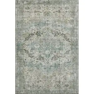 Photo of Sage Beige And Teal Oriental Washable Area Rug With UV Protection
