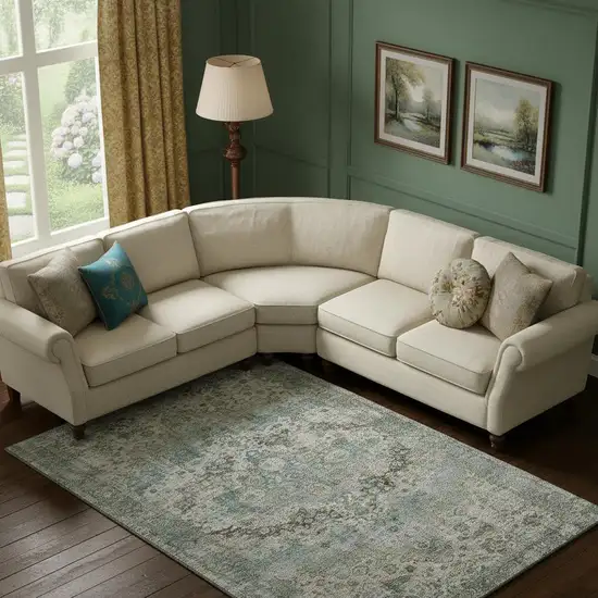 Sage Beige And Teal Oriental Washable Area Rug With UV Protection Photo 2