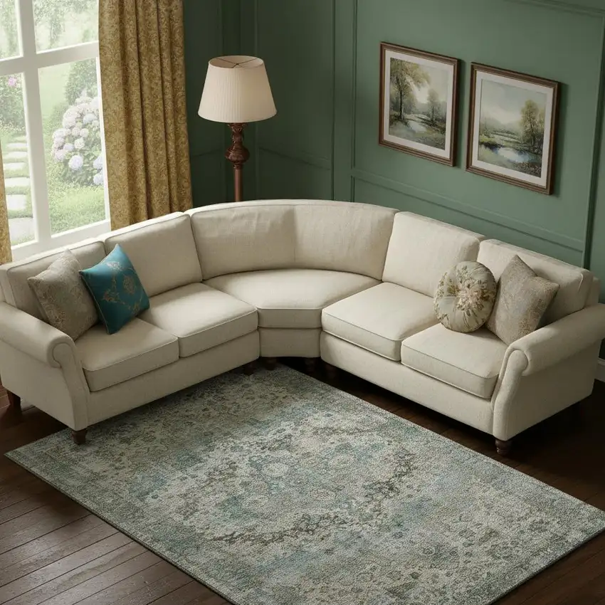 Sage Beige And Teal Oriental Washable Area Rug With UV Protection Photo 2