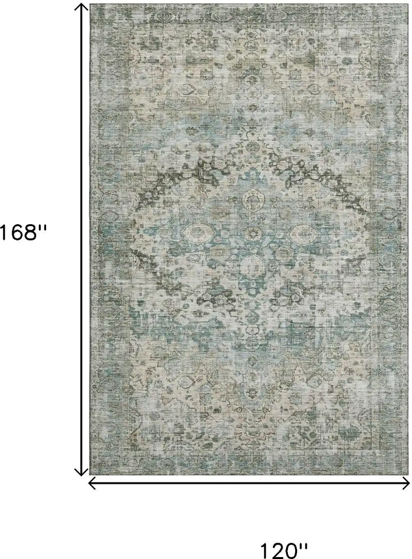 Sage Beige And Teal Oriental Washable Area Rug With UV Protection Photo 9