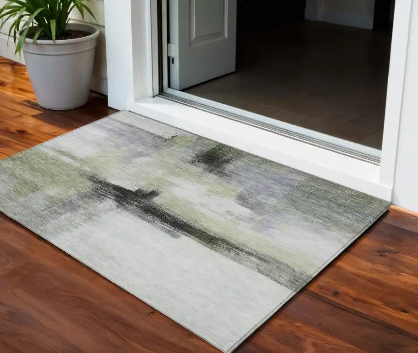 Sage Black And Gray Abstract Washable Indoor Outdoor Area Rug Photo 1