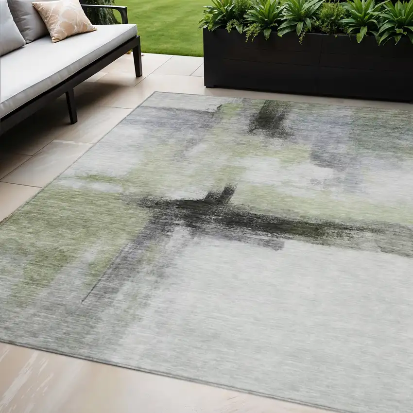 Sage Black And Gray Abstract Washable Indoor Outdoor Area Rug Photo 1